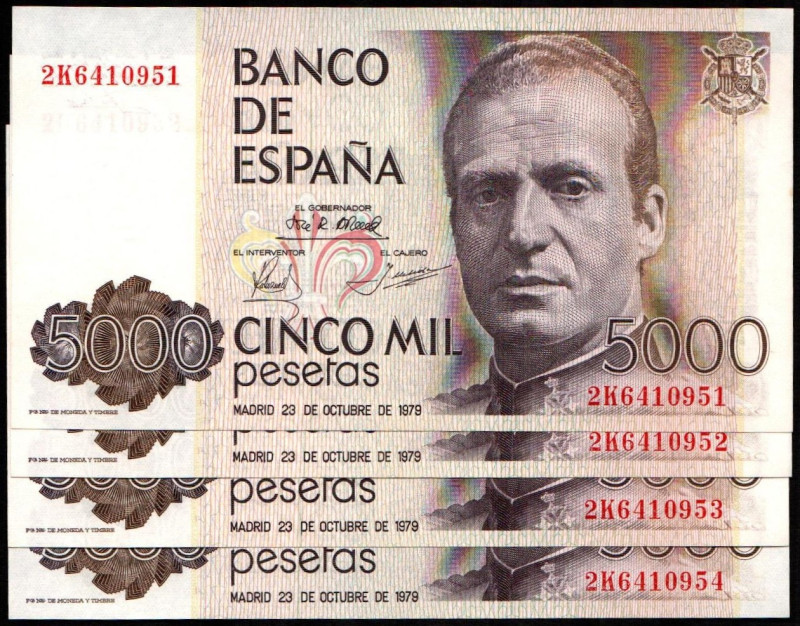 23 de octubre de 1979. 5.000 pesetas. Serie 2K. Cuatro correlativos. E478a. SC, ...