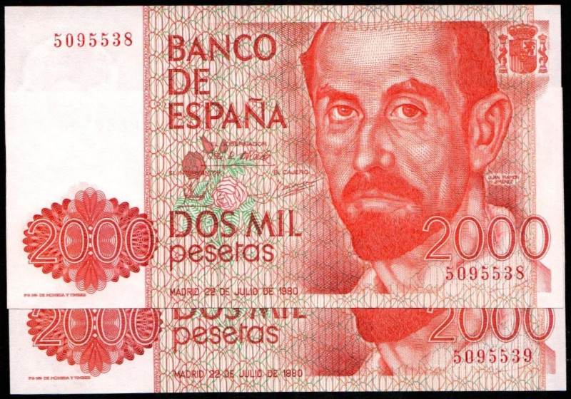 22 de julio de 1980. 2.000 pesetas. Sin serie. Pareja correlativa. E479. SC, apr...