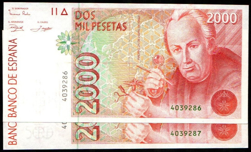 24 de abril de 1992. 2.000 pesetas. Sin serie. Pareja correlativa. E482. Ligerís...