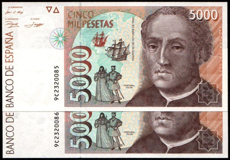 12 de octubre de 1992. 5.000 pesetas. Serie 9C. Pareja correlativa. E484b (125€)...