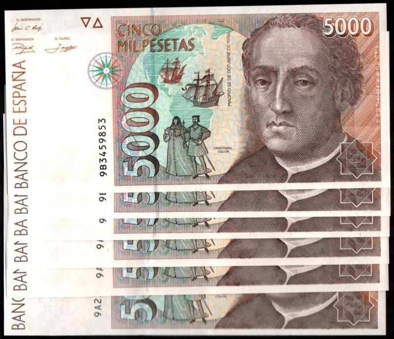 12 de octubre de 1992. 5.000 pesetas. Series 9A (3) y 9B (2+1). Trío correlativo...