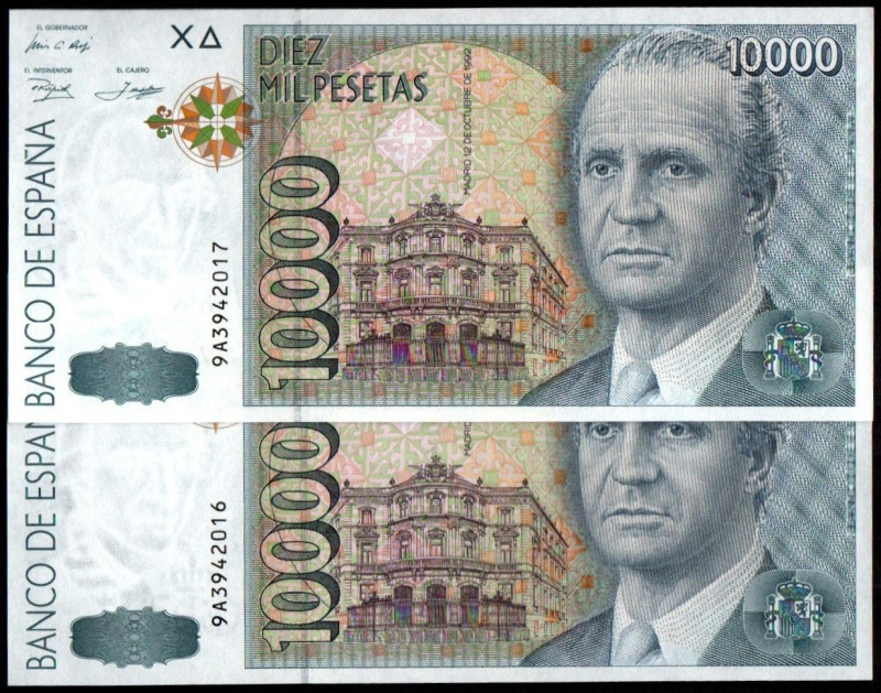 12 de octubre de 1992. 10.000 pesetas. Serie 9A. Pareja correlativa. E485b. Leve...