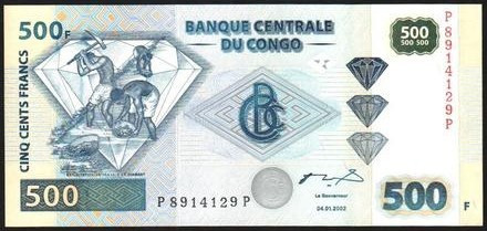 CONGO. 500 francos. 4 de enero del 2002. P96. Piquito ligeramente marcado. SC, a...