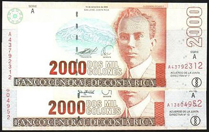 COSTA RICA. 2.000 colones. 1997 y 2005. P265a y 265e. SC, apresto original. Lote...