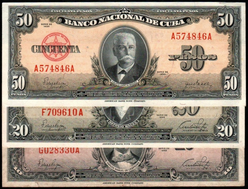 CUBA. 10 y 20 pesos. 1949. P79a y 80a. 50 pesos. 1950. P81d. MBC el primero, EBC...