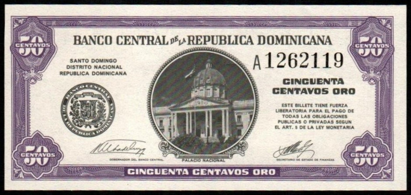 DOMINICANA República. 50 centavos oro. 1961. Vista del Palacio Nacional. P89. SC...