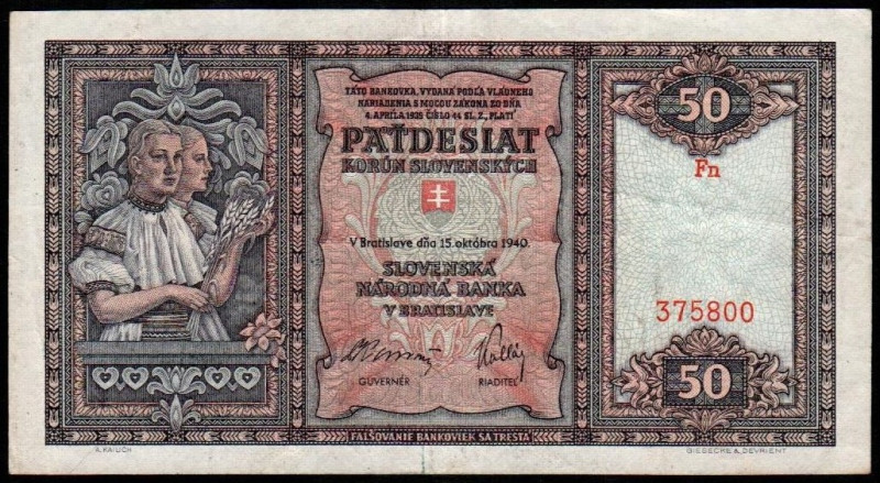 ESLOVAQUIA. 50 koronas. 15 de octubre de 1940. La agricultura y templo. P9. MBC+