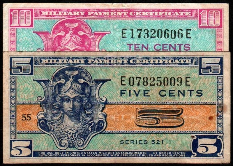 EE.UU./USA. 5 y 10 cents. Military Payment Certificate. Busto de Pallas Atenea y...