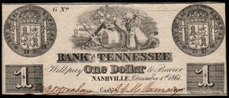 EE.UU./USA. 1$. 1861. Banco de Tennessee, Nashville. Con el grabado del reverso ...