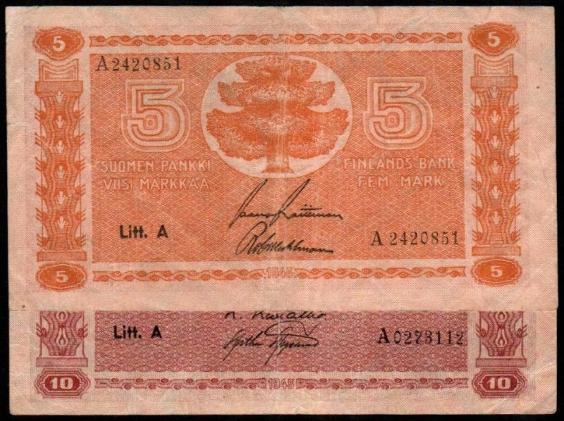 FINLANDIA. 5 y 10 markkaa. 1945. Árbol y escudo nacional. MBC/MBC+. Lote de dos ...