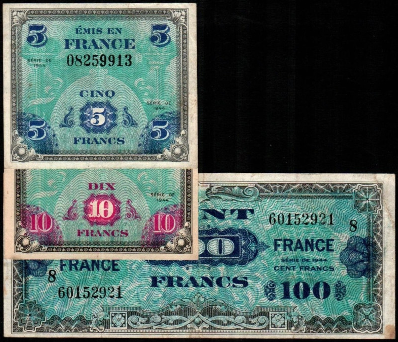 FRANCIA. 5, 10 y 100 francos. 1944. Valor y bandera. P115, 116 y 118. Manchita e...