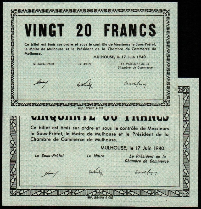 FRANCIA. 20 y 50 francos. 17 de junio de 1940. Ayuntamiento y Cámara de Comercio...