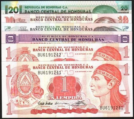 HONDURAS. Lempira (2), 2, 5, 10 y 20 lempiras. 1992, 1976, 1993, 1989 y 1993. Pa...