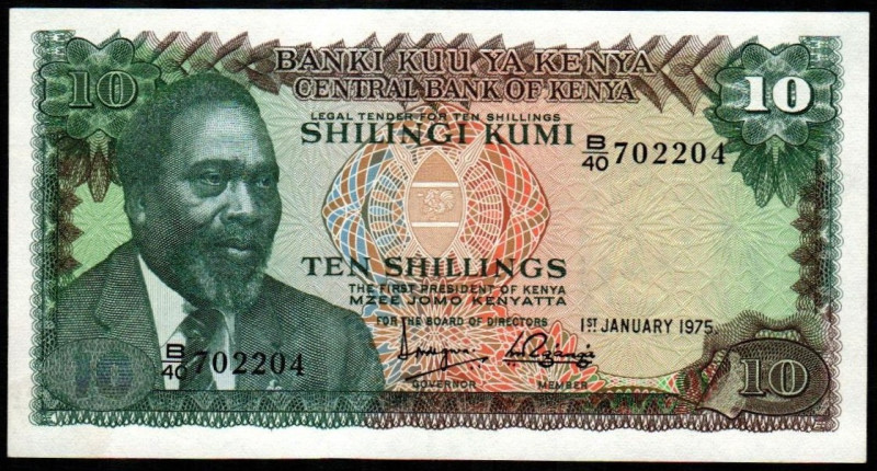 KENIA. 10 schillings. 1 de enero de 1975. Busto de Jomo Kenyatta y vacas. P12a. ...