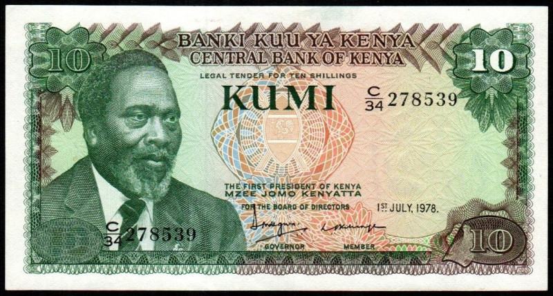 KENIA. 10 schillings. 1 de julio de 1978. Busto de Jomo Kenyatta y vacas. P16. E...