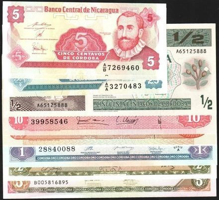 NICARAGUA. 5, 10 y 25 centavos. P168, 169 y 170. 1/2 córdoba. P172. Córdoba, 2, ...