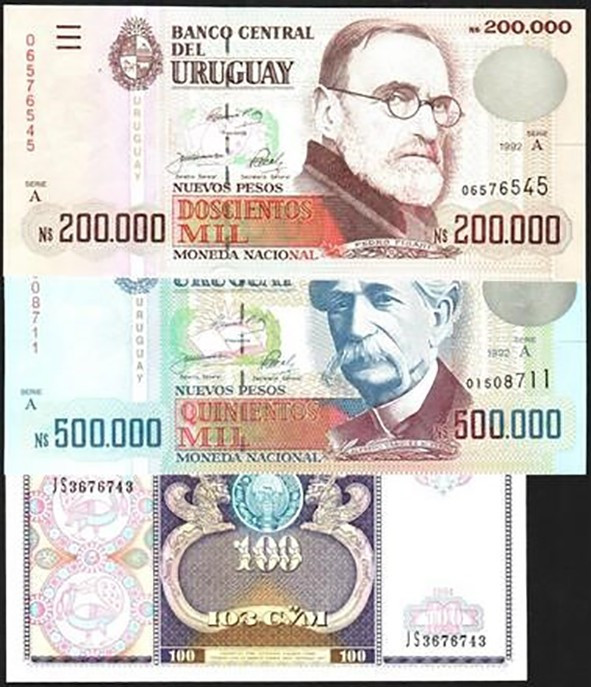 URUGUAY. 1992. 200.000 nuevos pesos. K72a. 500.000 nuevos pesos. 1992. K73a. UZB...