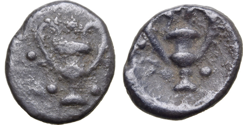 Calabria, Tarentum, c. 280-228 BC. AR Obol (0.64g, 10mm, 5h). Kantharos; five pe...