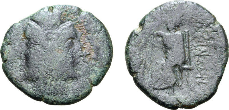 Bruttium, Rhegion, c. 215-200 BC. Æ Pentonkion (8.67g, 25mm, 9h). Janiform femal...