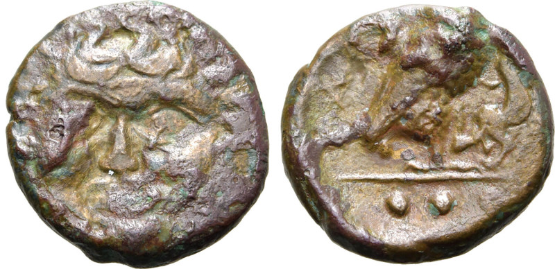 Sicily, Kamarina, c. 420-405 BC. Æ Tetras or Trionkion (2.55g, 14mm, 5h). Facing...