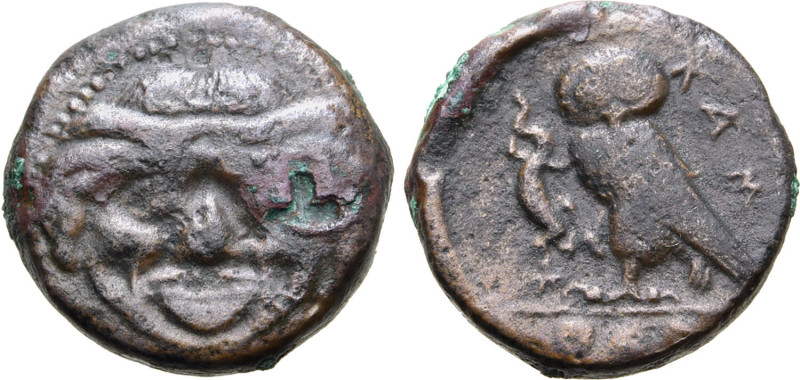 Sicily, Kamarina, c. 420-405 BC. Æ Tetras or Trionkion (3.01g, 14mm, 12h). Facin...