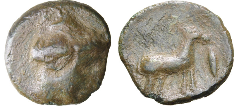 Sicily, Nakone, c. 330-310 BC. Æ(1.47g, 12mm, 2h). Female head to right R/ Ram s...