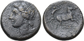 Sicily, Syracuse. Time of Hiketas II, 287-278 BC. Æ (9.54g, 22mm, 12h). Wreathed head of Persephone to left; [ΣΥΡΑΚΟΣΙΩΝ] before, ear of corn(?) behin...