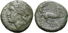 Sicily, Syracuse. Time of Hiketas II, 287-278 BC. Æ (5.50g, 18mm, 8h). Wreathed head of Persephone to left; ΣΥΡΑΚΟΣΙΩΝ before, lyre behind R/ Chariote...