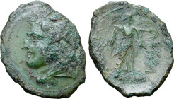 Sicily, Syracuse. Time of Pyrrhos of Epeiros, 278-276 BC. Æ (3.79g, 26mm, 1h). Head of Herakles to left, wearing lion skin headdress R/ Athena Promach...