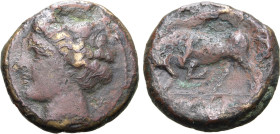 Sicily, Syracuse. Time of Hieron II, circa 275-265 BC. Æ (5.89g, 18mm, 12h). Wreathed head of Kore to left; [ΣΥΡΑΚΟΣΙΩΝ] before R/ Bull butting to lef...