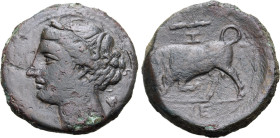 Sicily, Syracuse. Time of Hieron II, circa 275-265 BC. Æ (6.87g, 20mm, 11h). Wreathed head of Kore to left; [ΣΥΡΑΚΟΣΙΩΝ] before, poppy behind R/ Bull ...