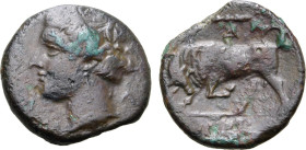 Sicily, Syracuse. Time of Hieron II, circa 275-265 BC. Æ (5.41g, 18mm, 8h). Wreathed head of Kore to left; [ΣΥΡΑΚΟΣΙΩΝ] before, bucranium behind R/ Bu...