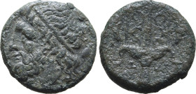 Sicily, Syracuse. Time of Hieron II, circa 240-215 BC. Æ (6.00g, 18mm, 7h). Diademed head of Poseidon to left; owl behind R/ Trident flanked by two do...