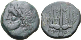 Sicily, Syracuse. Time of Hieron II, circa 240-215 BC. Æ (6.79g, 18mm, 10h). Diademed head of Poseidon to left R/ Trident flanked by two dolphins swim...