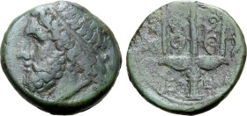 Sicily, Syracuse. Time of Hieron II, circa 240-215 BC. Æ (8.31g, 20mm, 1h). Diademed head of Poseidon to left R/ Trident flanked by two dolphins swimm...