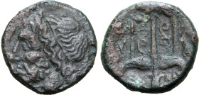 Sicily, Syracuse. Time of Hieron II, circa 240-215 BC. Æ (5.94g, 19mm, 10h). Diademed head of Poseidon to left R/ Trident flanked by two dolphins swim...