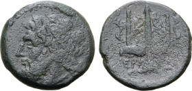 Sicily, Syracuse. Time of Hieron II, circa 240-215 BC. Æ (6.25g, 19mm, 5h). Diademed head of Poseidon to left R/ Trident flanked by two dolphins swimm...