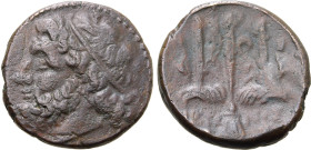 Sicily, Syracuse. Time of Hieron II, circa 240-215 BC. Æ (5.48g, 18mm, 12h). Diademed head of Poseidon to left R/ Trident flanked by two dolphins swim...