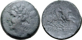 Sicily, Syracuse. Time of the Fifth Democracy, 214-212 BC. Æ (12.61g, 23mm, 8h). Laureate head of Apollo to left R/ The Dioskouroi on horseback to rig...