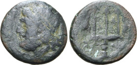 Sicily, Syracuse. Time of the Fifth Democracy, 214-212 BC. Æ (1.65g, 13mm, 12h). Diademed head of Poseidon to left R/ Ornate trident; dolphin to left ...