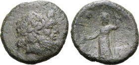 Sicily, Syracuse. Roman rule, late second century BC. Æ (6.65g, 20mm, 6h). Laureate head of Zeus to right R/ Tyche standing to left, holding rudder an...