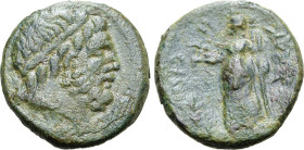 Sicily, Syracuse. Roman rule, circa 1st century BC. Æ (6.16g, 19mm, 1h). Diademed head of Serapis to right, wearing atef crown. R/ ΣYPAKOCIΩN, Isis st...