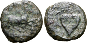 Sicily, Uncertain Mercenaries (344-336 BC). Æ (1.48g, 12mm, 8h). Horse galloping to right. R/ Ivy leaf. CNS III p. 320, 1; HGC 2, -. Near Very Fine; c...