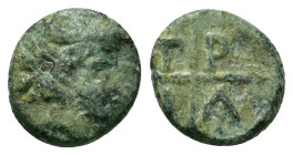 Macedon, Tragilos (405-390 BC). Æ (8,5mm, 0.73g). Head of Hermes to right, wearing petasos. R/T-P-A-I within four segments around central pellet. AMNG...