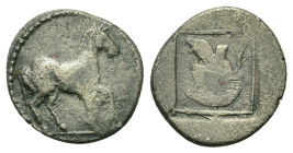 Kings of Macedon, Alexander I (498-454 BC). Tetrobol (14,4mm, 2.07g). 476-460 BC.Horse facing right. R/Attic helmet facing right in the incusum square...