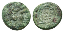 Kings of Thrace. Lysimachos (305-281 BC). Æ (12,2mm, 2g). Head of Herakles,right;wearing lion skin. R/Legend in two lines within wreath of two grain e...