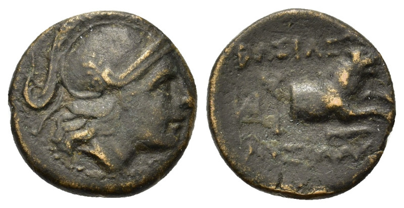 Kings of Thrace. Lysimachos (305-281 BC). Æ (15mm, 2.6g). Helmeted head of Athen...