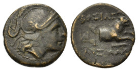 Kings of Thrace. Lysimachos (305-281 BC). Æ (15mm, 2.6g). Helmeted head of Athena r. R/ Forepart of a lion r., in left field kerykeion and monogram. S...