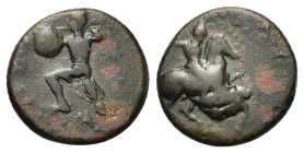 Thessaly, Pelinna, c. 400-375 BC. Æ chalkous (14,2mm, 2.2g). Helmeted horseman right, striking at falling enemy. R/ ΠEΛΙΝ warrior charging left, with ...