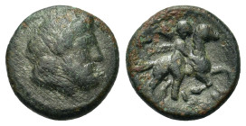 Thessaly, Krannon, 4th century BC. Æ (14mm, 2.4g) Contemporary imitation. Laureate head of Poseidon r. R/ Horseman r. wearing chlamys and petasos. BCD...